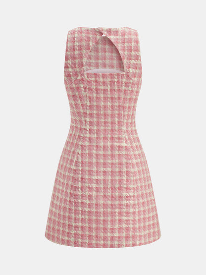 Tweed Check Cutout Back Sleeveless Mini Dress