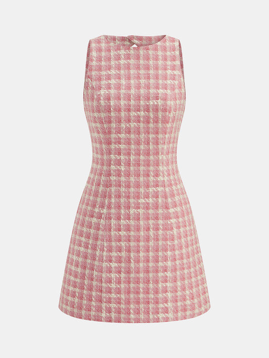 Tweed Check Cutout Back Sleeveless Mini Dress