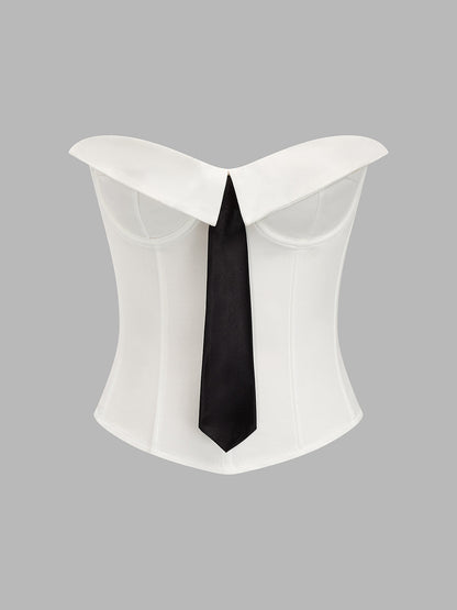 Fold Over Strapless Tie Decor Corset Top