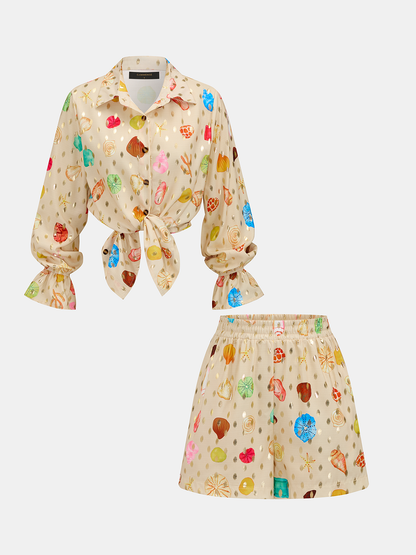 Seashell Print Golden Dot Two Piece Shorts Set