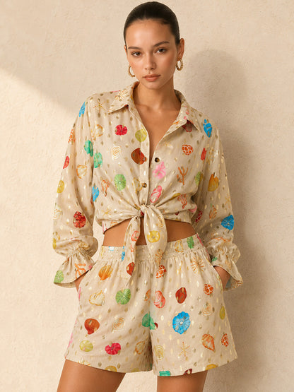 Seashell Print Golden Dot Two Piece Shorts Set