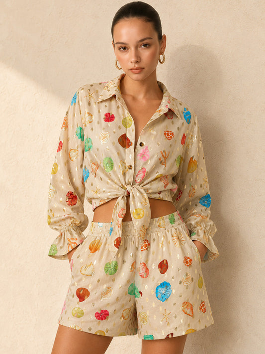 Seashell Print Golden Dot Two Piece Shorts Set