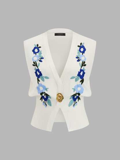 Floral Embroidery Metal Detail Knit Vest