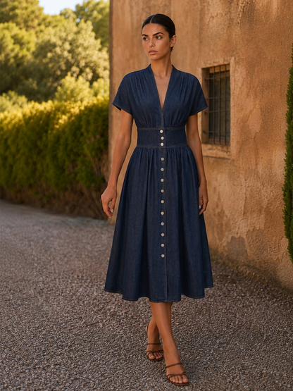 V-Neck Button Down Maxi Denim Dress