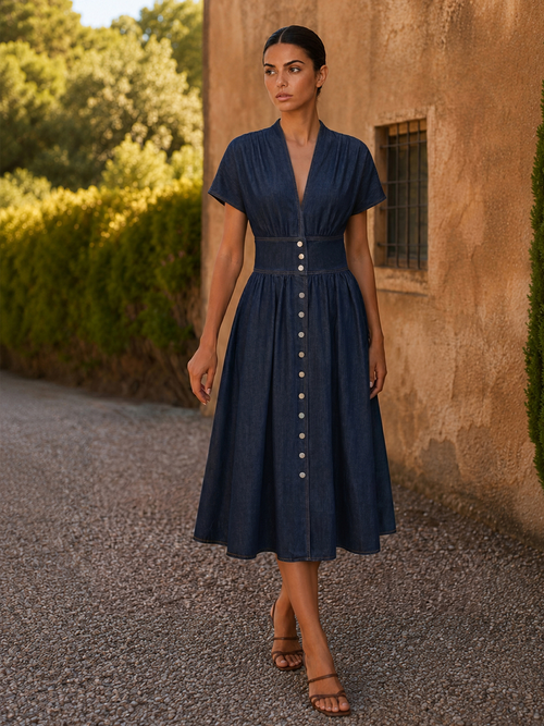 V-Neck Button Down Maxi Denim Dress