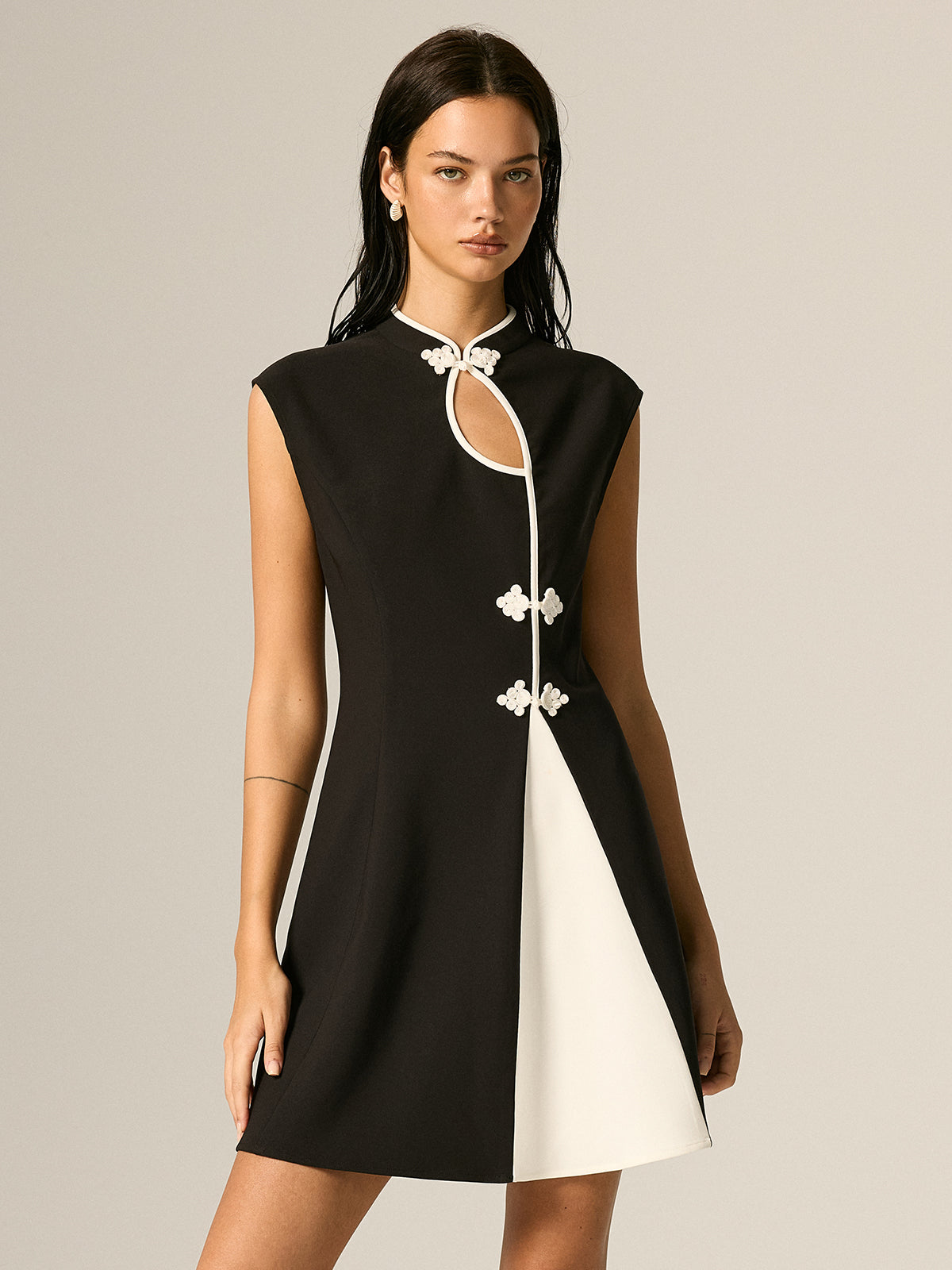 Frog Button Color Block A-Line Dress