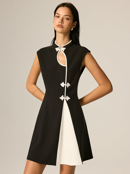 Frog Button Color Block A-Line Dress