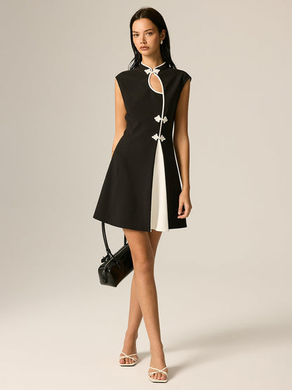 Frog Button Color Block A-Line Dress