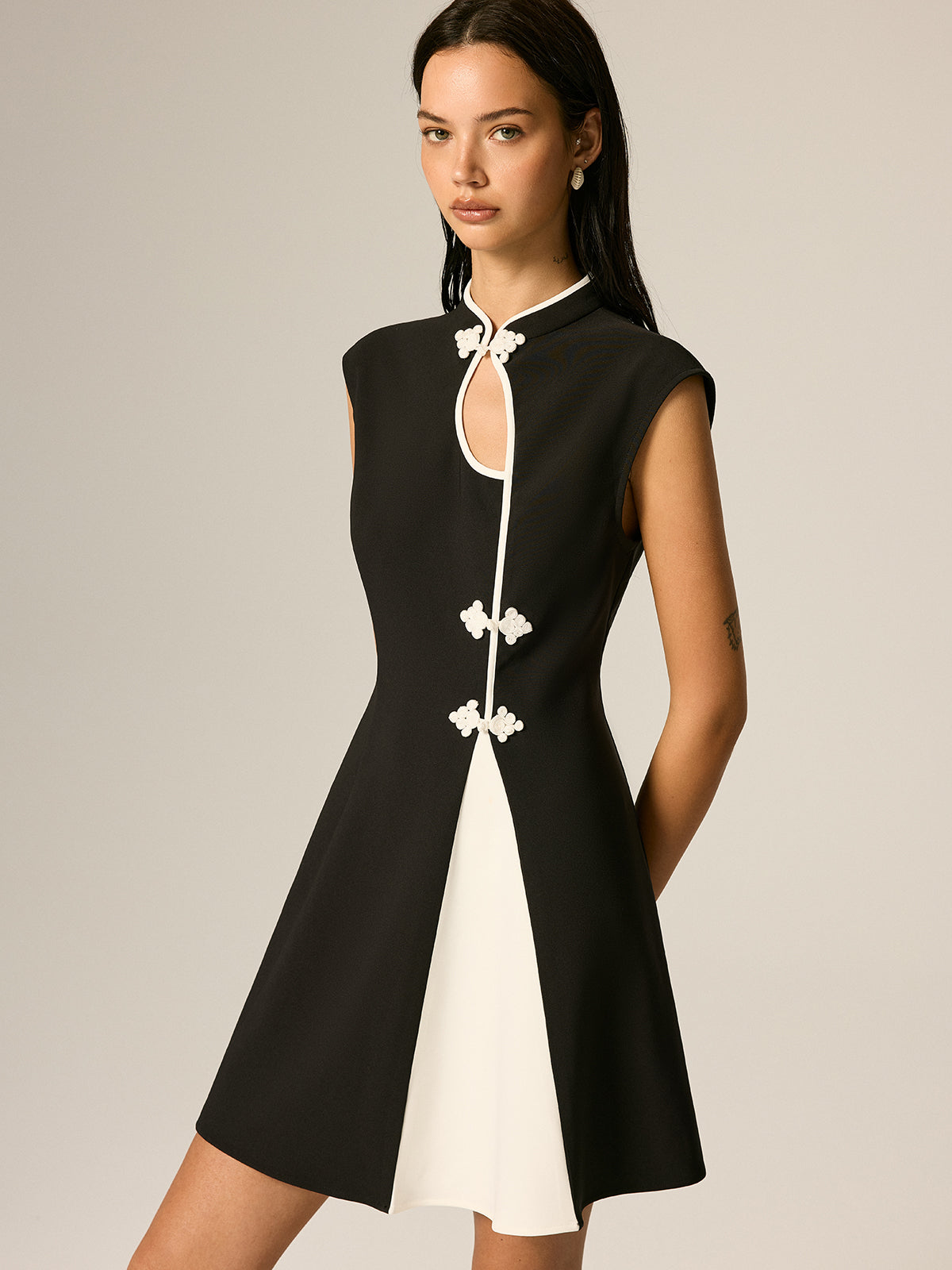 Frog Button Color Block A-Line Dress