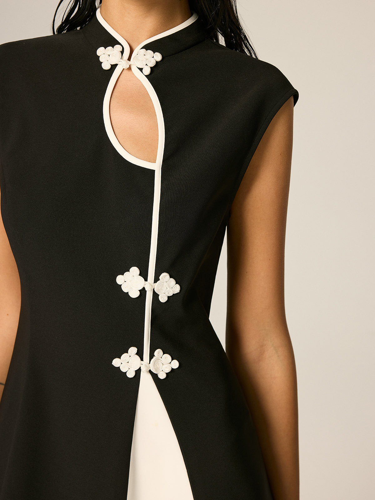 Frog Button Color Block A-Line Dress