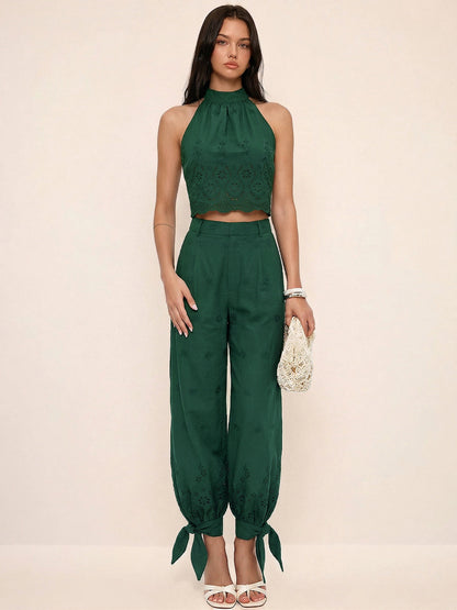 Eyelet Embroidery Top & Tie-Cuff Pants Set
