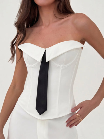 Fold Over Strapless Tie Decor Corset Top