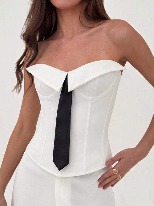 Fold Over Strapless Tie Decor Corset Top