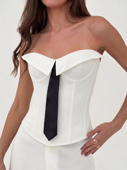 Fold Over Strapless Tie Decor Corset Top