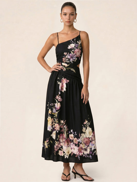Asymmetric Cutout Floral Slip Midi Dress