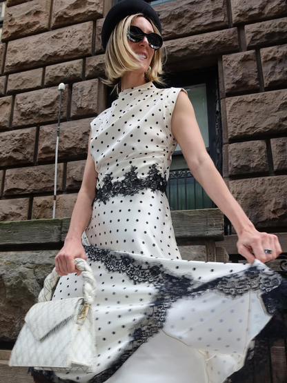 Polka Dot Top & Lace Trim Midi Skirt Set