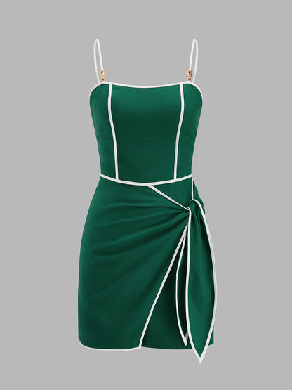 Contrast Trim Tie-Waist Wrap Mini Dress