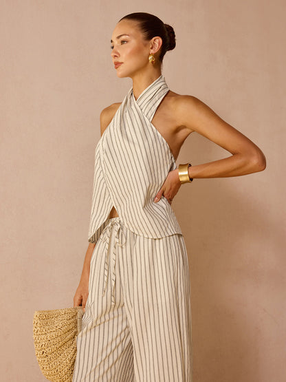 Striped Cotton Linen Halter Top & Pants Set