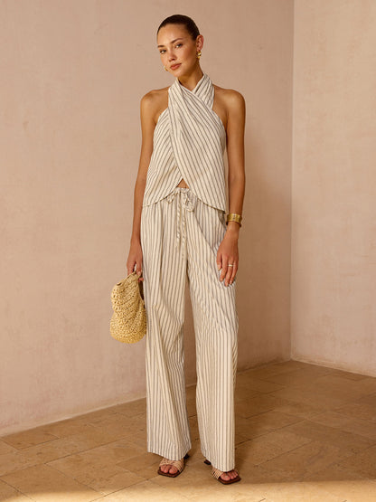 Striped Cotton Linen Halter Top & Pants Set