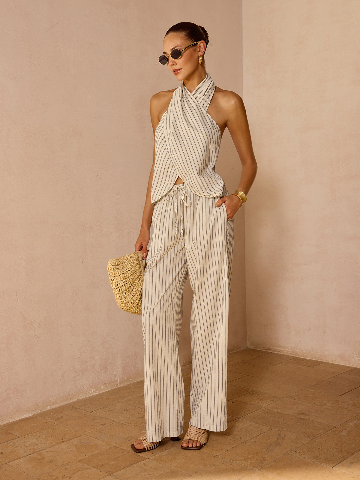 Striped Cotton Linen Halter Top & Pants Set