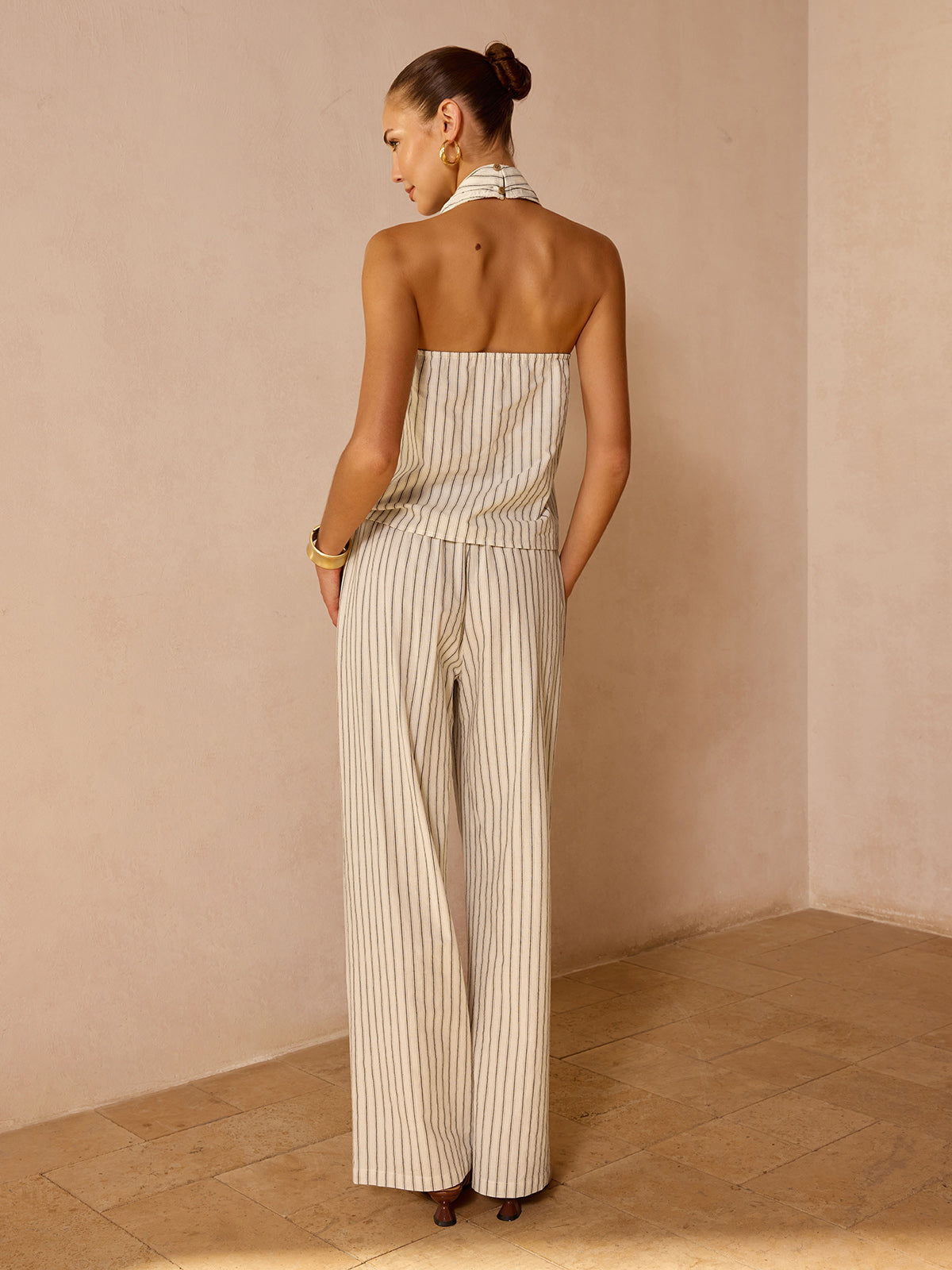 Striped Cotton Linen Halter Top & Pants Set