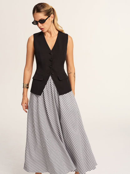 Tailored Vest & Striped Maxi Skirt Set