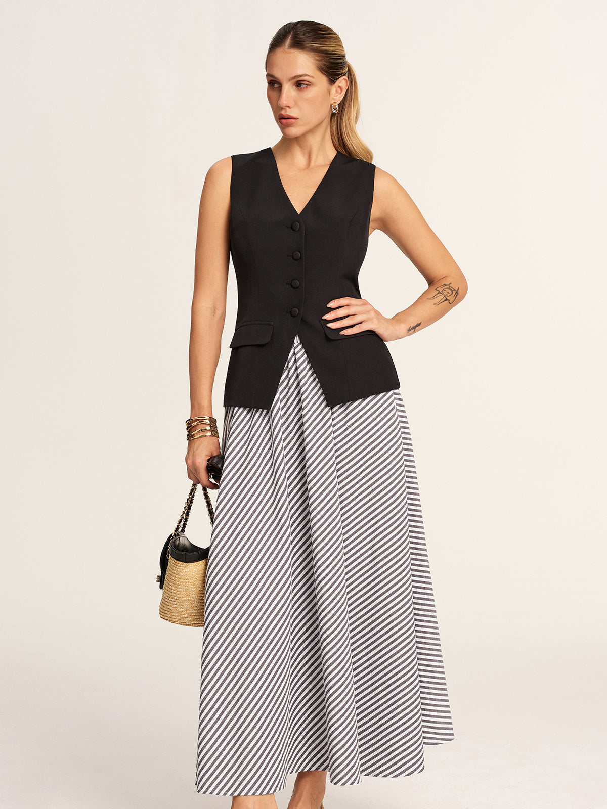 Tailored Vest & Striped Maxi Skirt Set