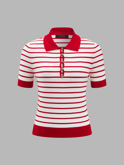 Striped Polo Knit Short Sleeve Top