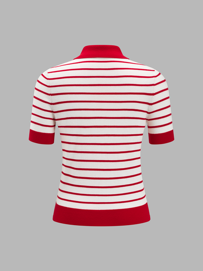 Striped Polo Knit Short Sleeve Top
