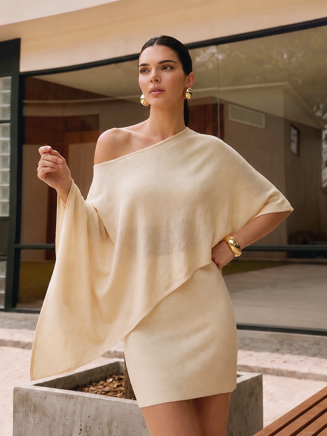 Asymmetric Knit Cape Top & Mini Skirt Set