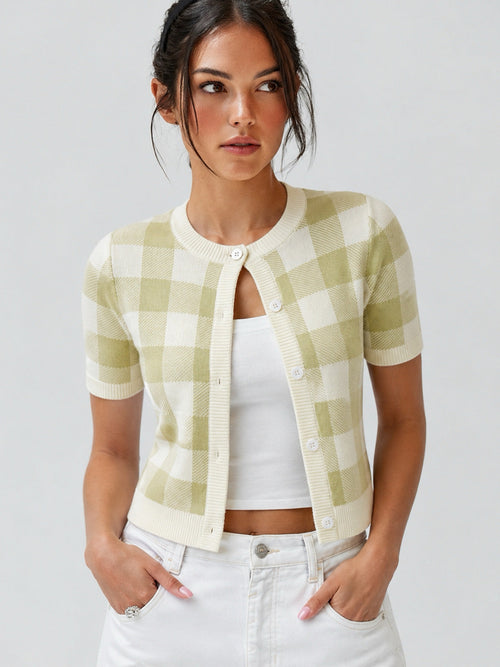 Plaid Short Sleeve Knit Cardigan