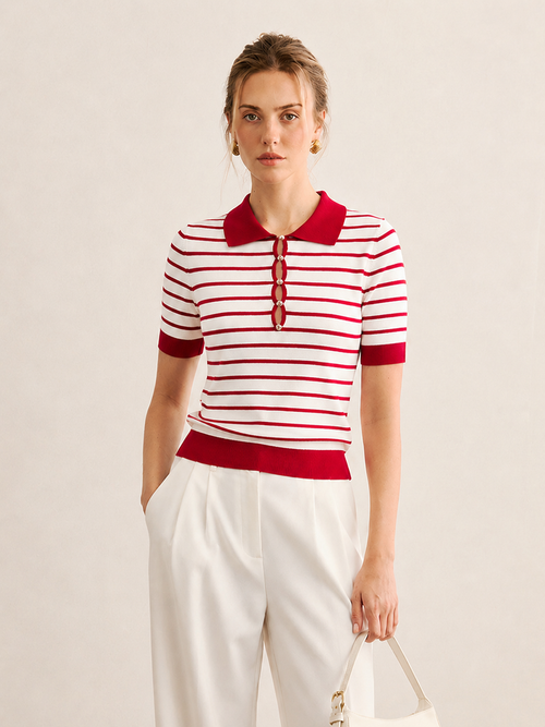 Striped Polo Knit Short Sleeve Top