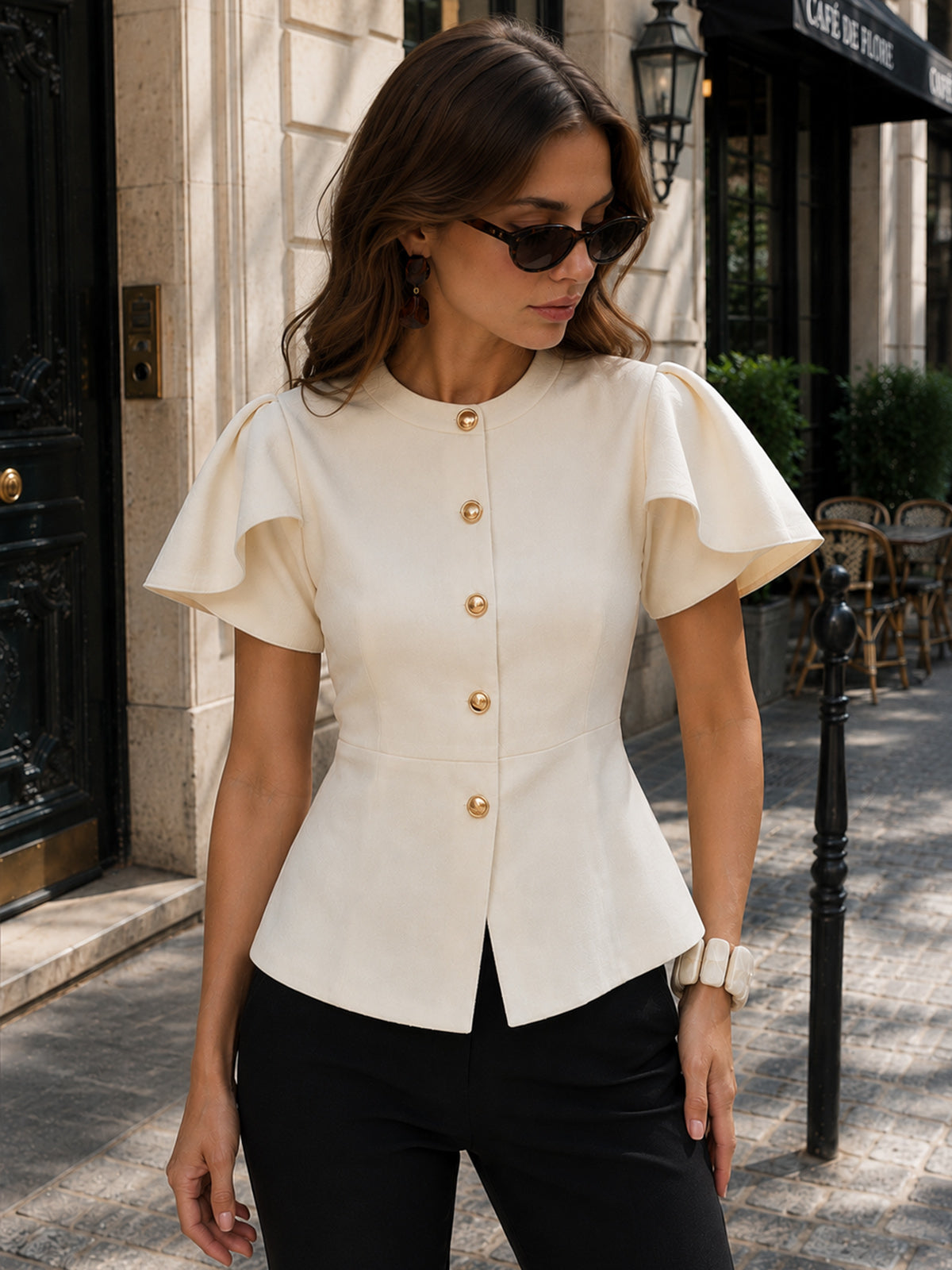 Flutter Sleeve Metal Button Knit Top