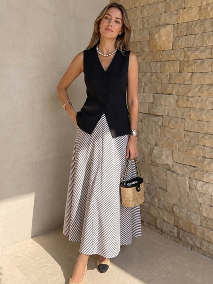 Tailored Vest & Striped Maxi Skirt Set