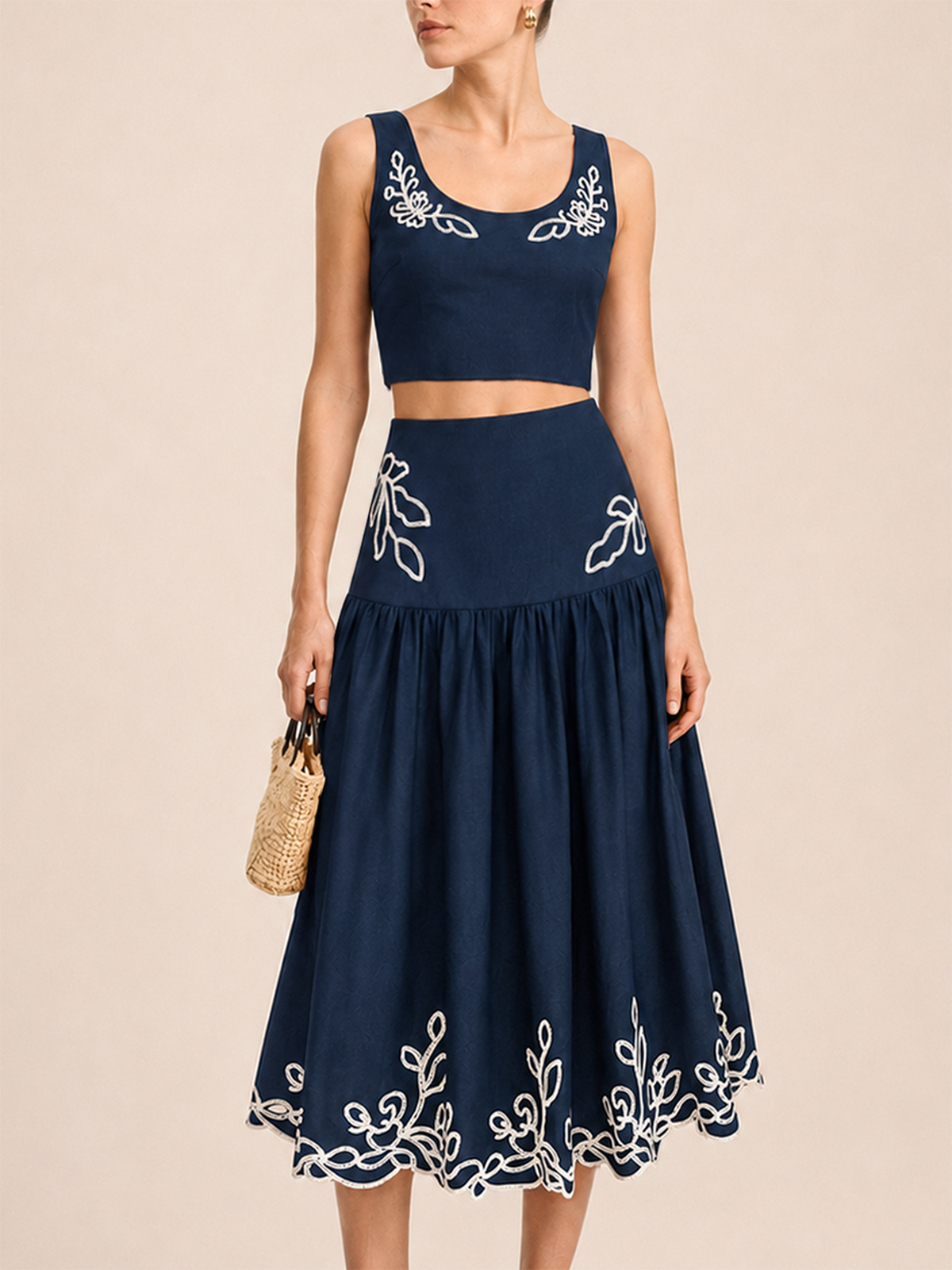 Embroidered Cotton Linen Top & Midi Skirt Set