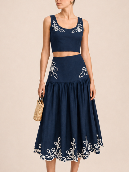 Embroidered Cotton Linen Top & Midi Skirt Set