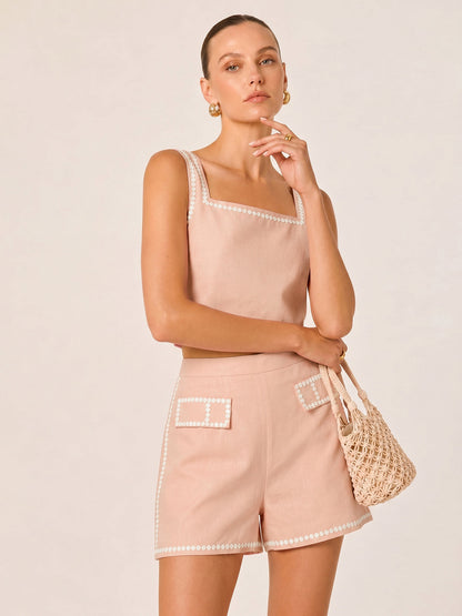 Square Neck Embroidered Top & Shorts Set