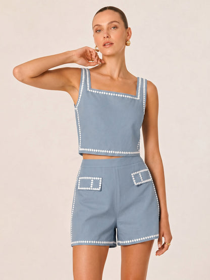 Square Neck Embroidered Top & Shorts Set