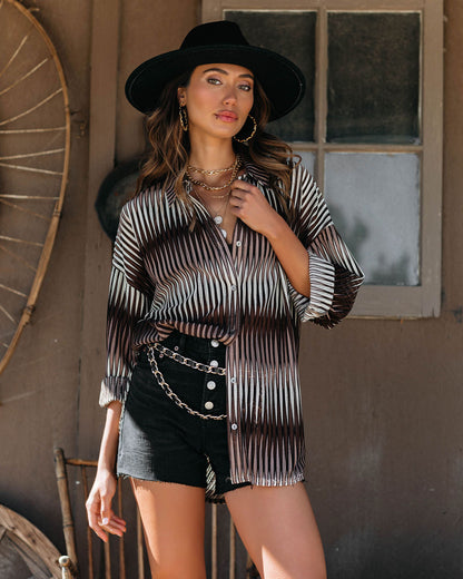 Bass Mesh Button Down Top - Brown Multi