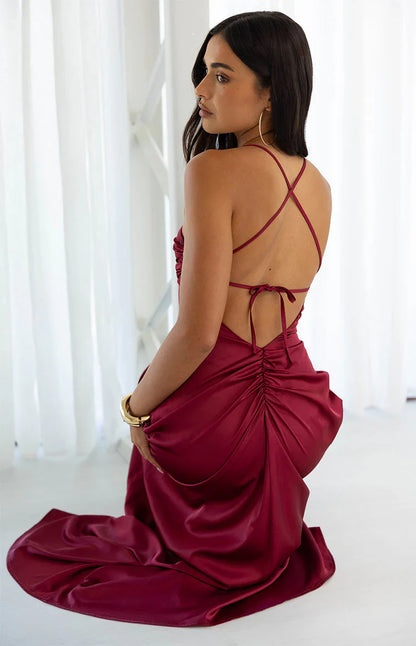 Blaise Burgundy Satin Maxi Dress