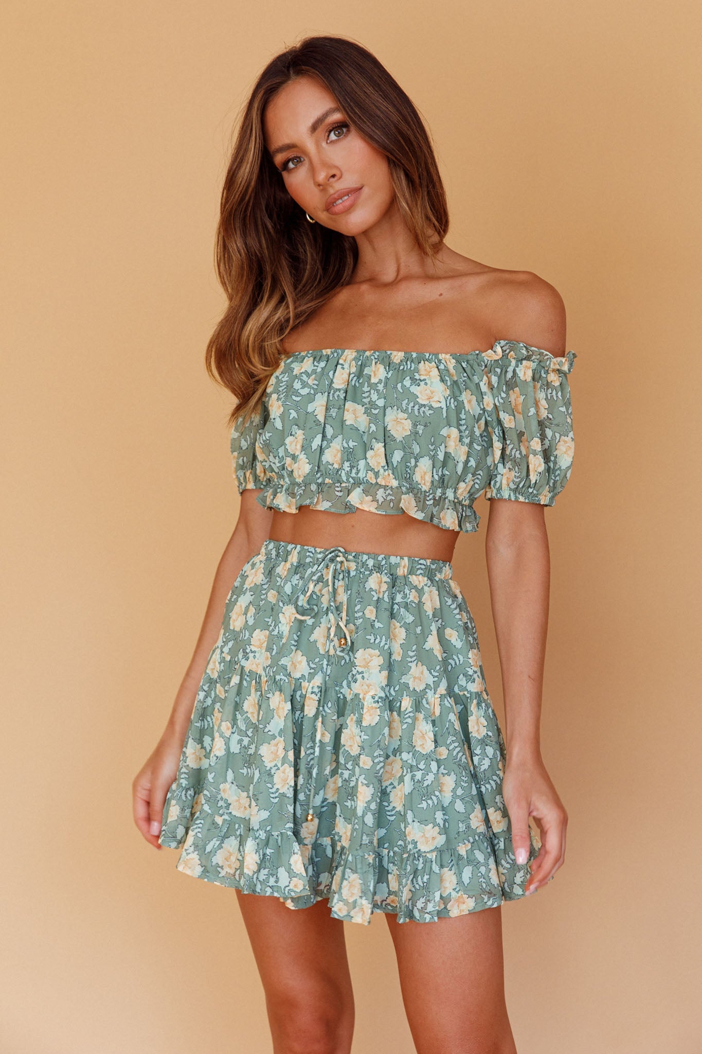 Archana Drawstring Waist Skirt Floral Green
