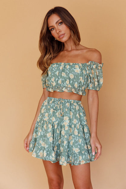 Archana Drawstring Waist Skirt Floral Green