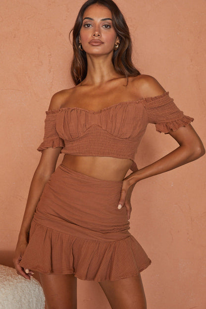 Rise And Shine Flounce Ruffle Hem Mini Skirt Latte