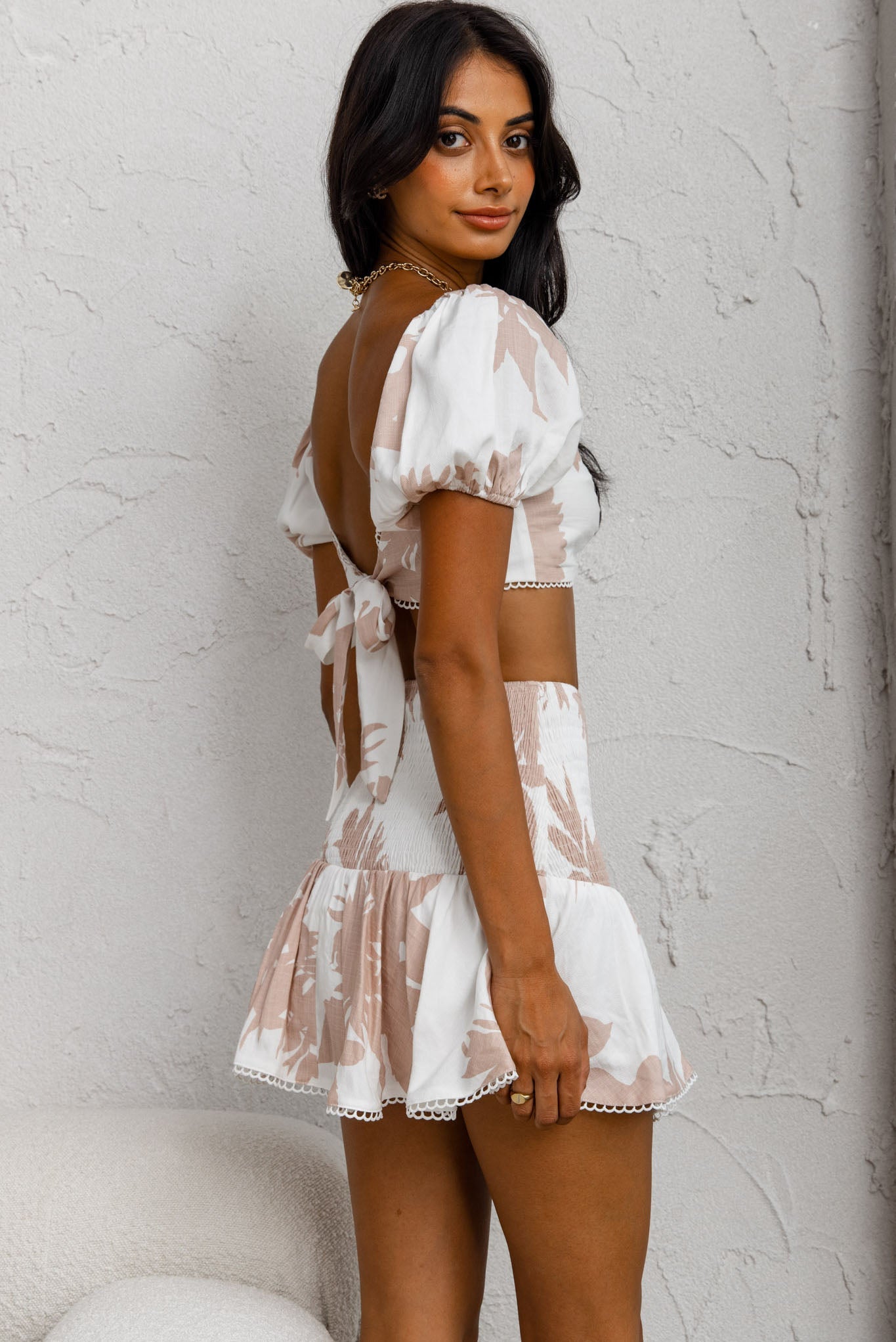 Escape With Me Shirred Mini Skirt Printed Blush