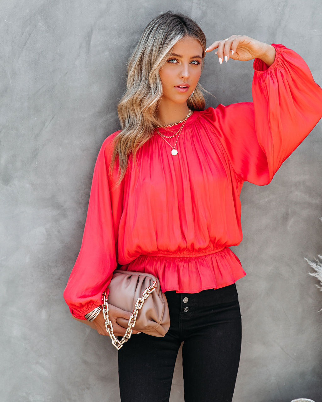 Cappa Satin Peplum Blouse - Coral