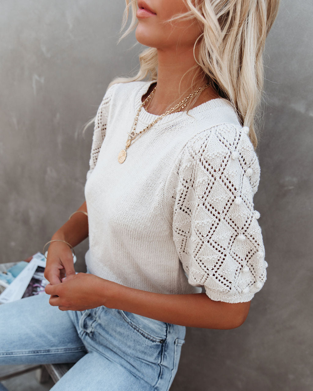 Caymus Cotton Blend Pom Sweater Top