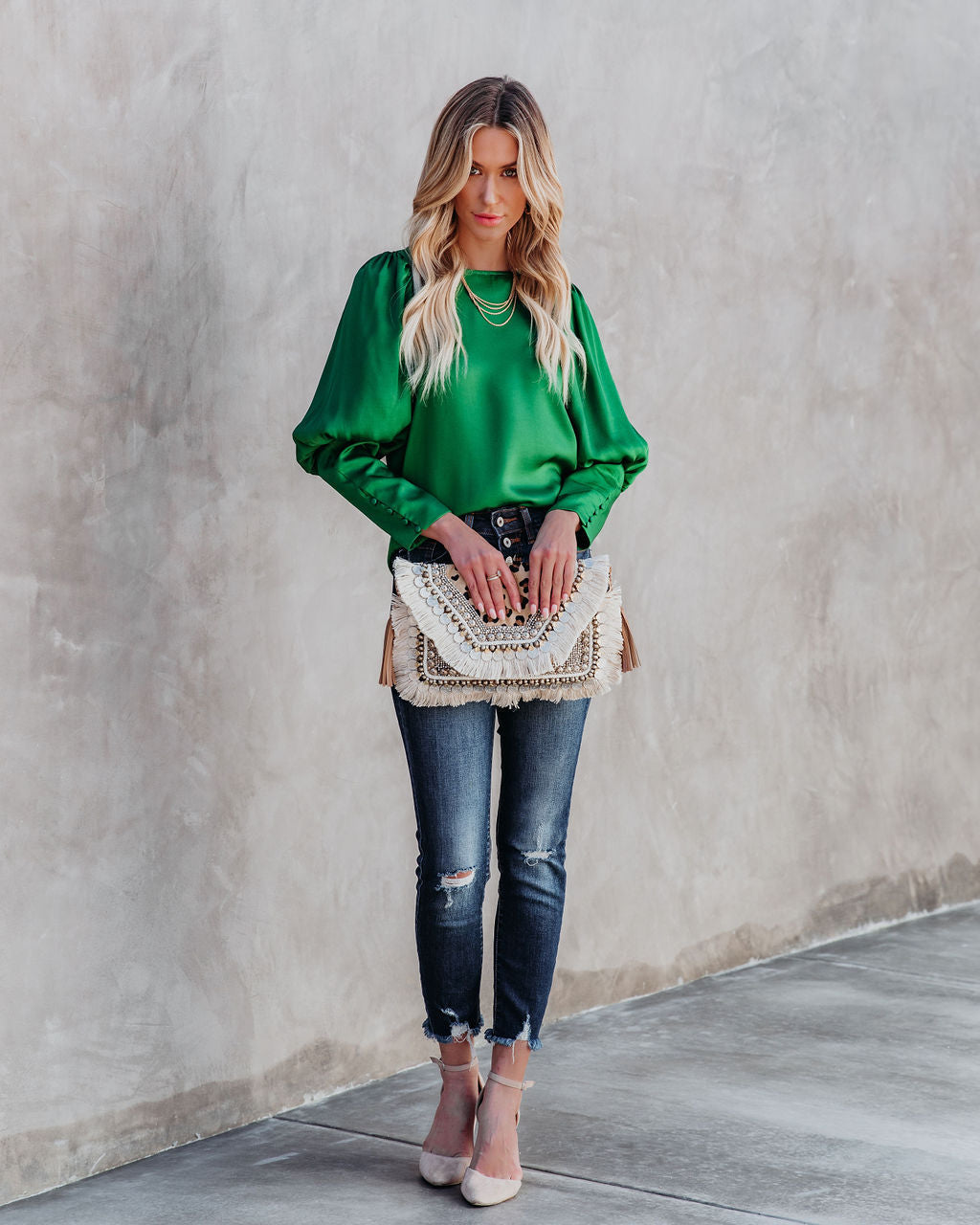 Centerpiece Satin Statement Blouse - Emerald
