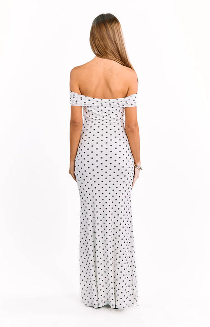 Cole White Polka Mesh Prom Dress