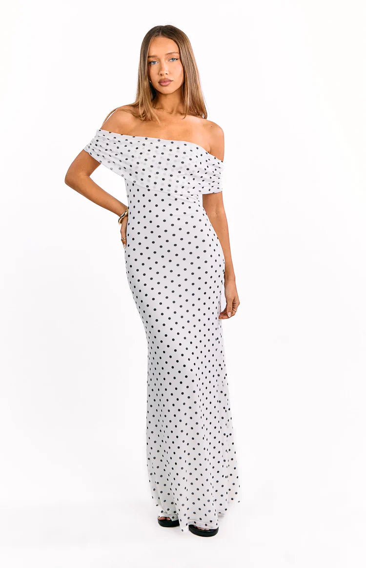 Cole White Polka Mesh Prom Dress