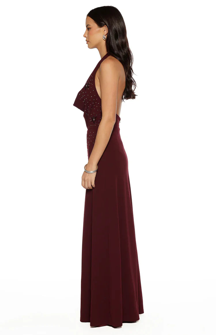 Corey Burgundy Beaded Crepe Maxi Dress